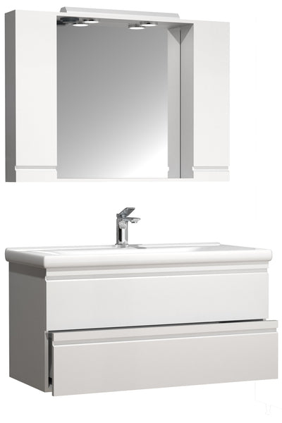 Badeværelsessæt med underskab, håndvask og vægspejl, H. 54 x b. 100 x d. 46 cm, hvid