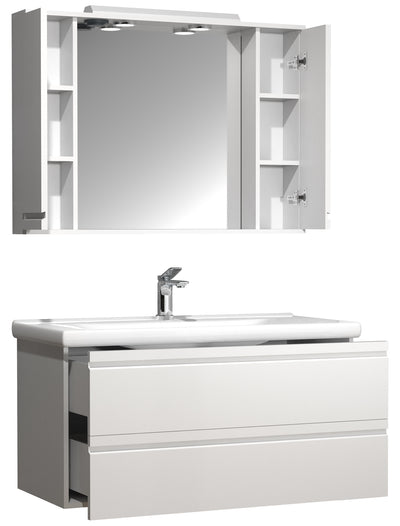 Badeværelsessæt med underskab, håndvask og vægspejl, H. 54 x b. 100 x d. 46 cm, hvid