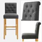 Sæt med 2 x barstole / køkkenstole, ben af massivt træ, fodstøtte af metal, polstret sæde i stof, grå