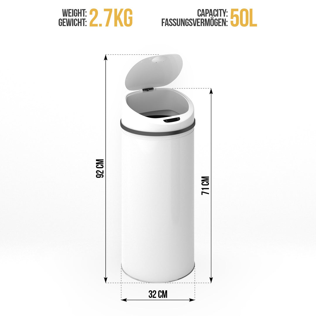 Håndfri sensor skraldespand - 50L, vandtæt, klemring, stål, hvid