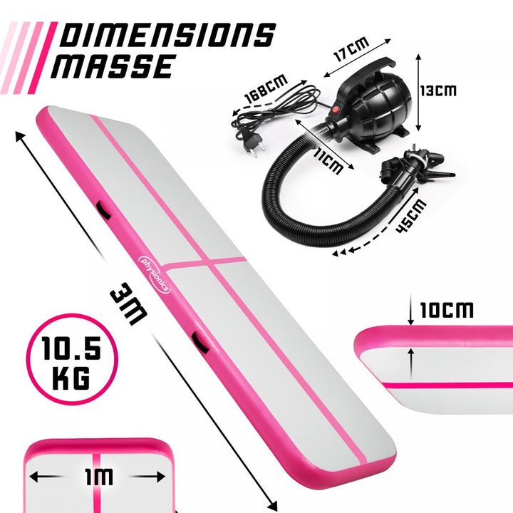 Fitnessmåtte, 3m, oppustelig, bærbar, med elektrisk luftpumpe, 10 cm høj, PVC, Pink