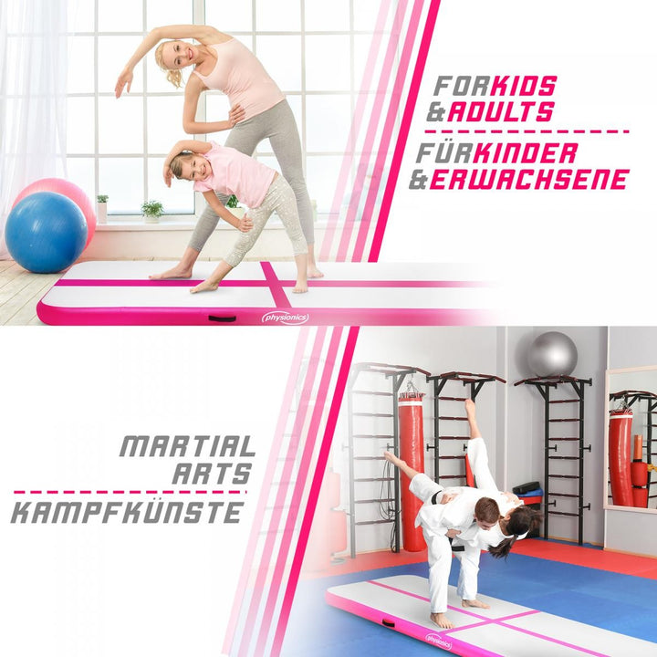 Fitnessmåtte, 3m, oppustelig, bærbar, med elektrisk luftpumpe, 10 cm høj, PVC, Pink