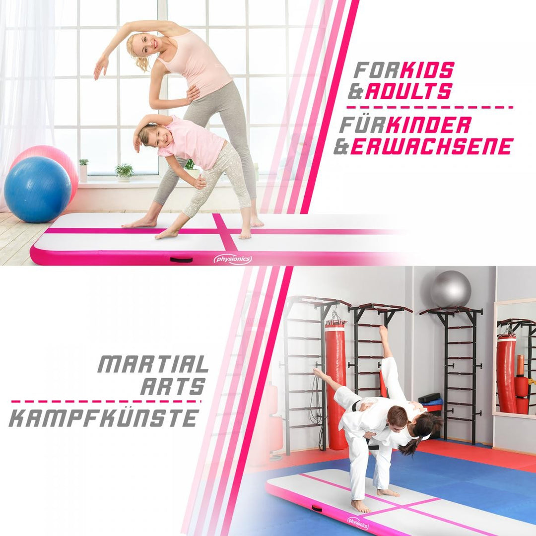 Air Track fitnessmåtte, 7m, oppustelig, bærbar, med elektrisk luftpumpe, 10 cm høj, PVC, Pink
