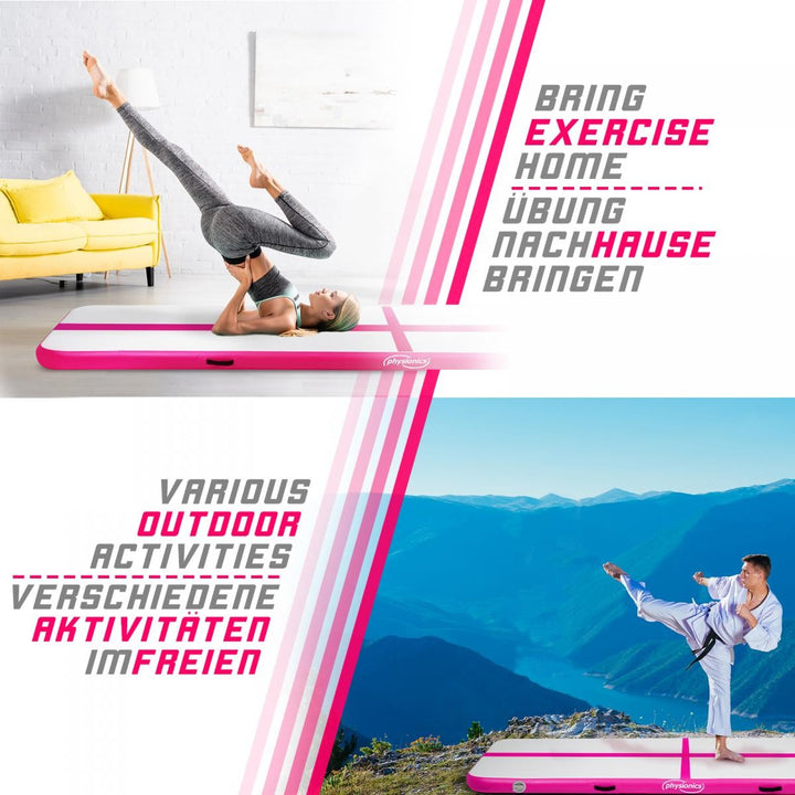 Air Track fitnessmåtte, 7m, oppustelig, bærbar, med elektrisk luftpumpe, 10 cm høj, PVC, Pink