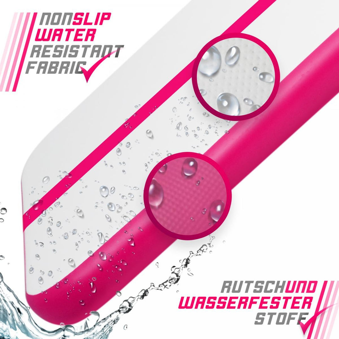 Fitnessmåtte, 3m, oppustelig, bærbar, med elektrisk luftpumpe, 10 cm høj, PVC, Pink