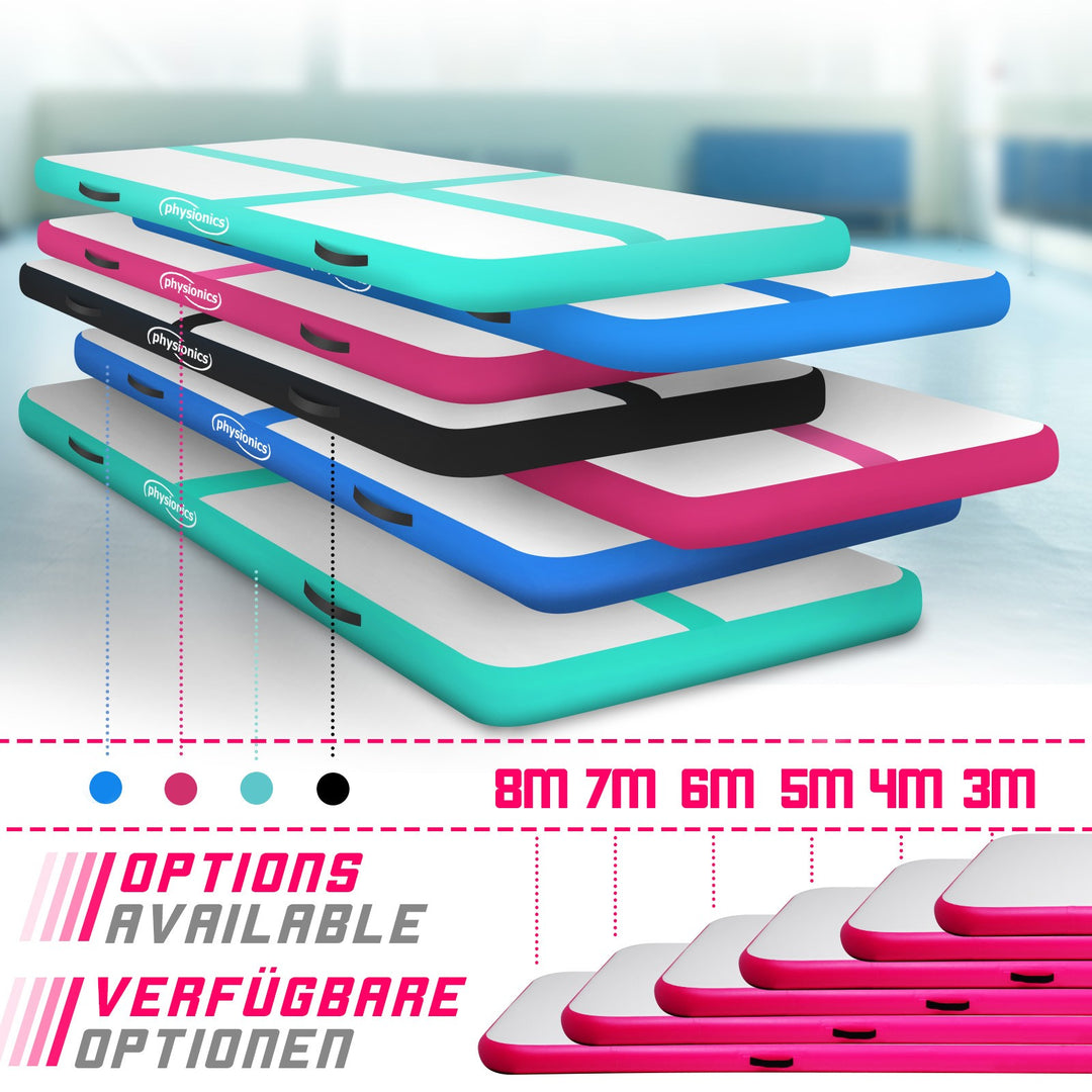 Air Track fitnessmåtte, 7m, oppustelig, bærbar, med elektrisk luftpumpe, 10 cm høj, PVC, Pink
