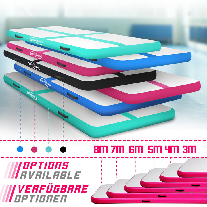 Air Track fitnessmåtte, 4m, oppustelig, bærbar, med elektrisk luftpumpe, 10 cm høj, PVC, Pink