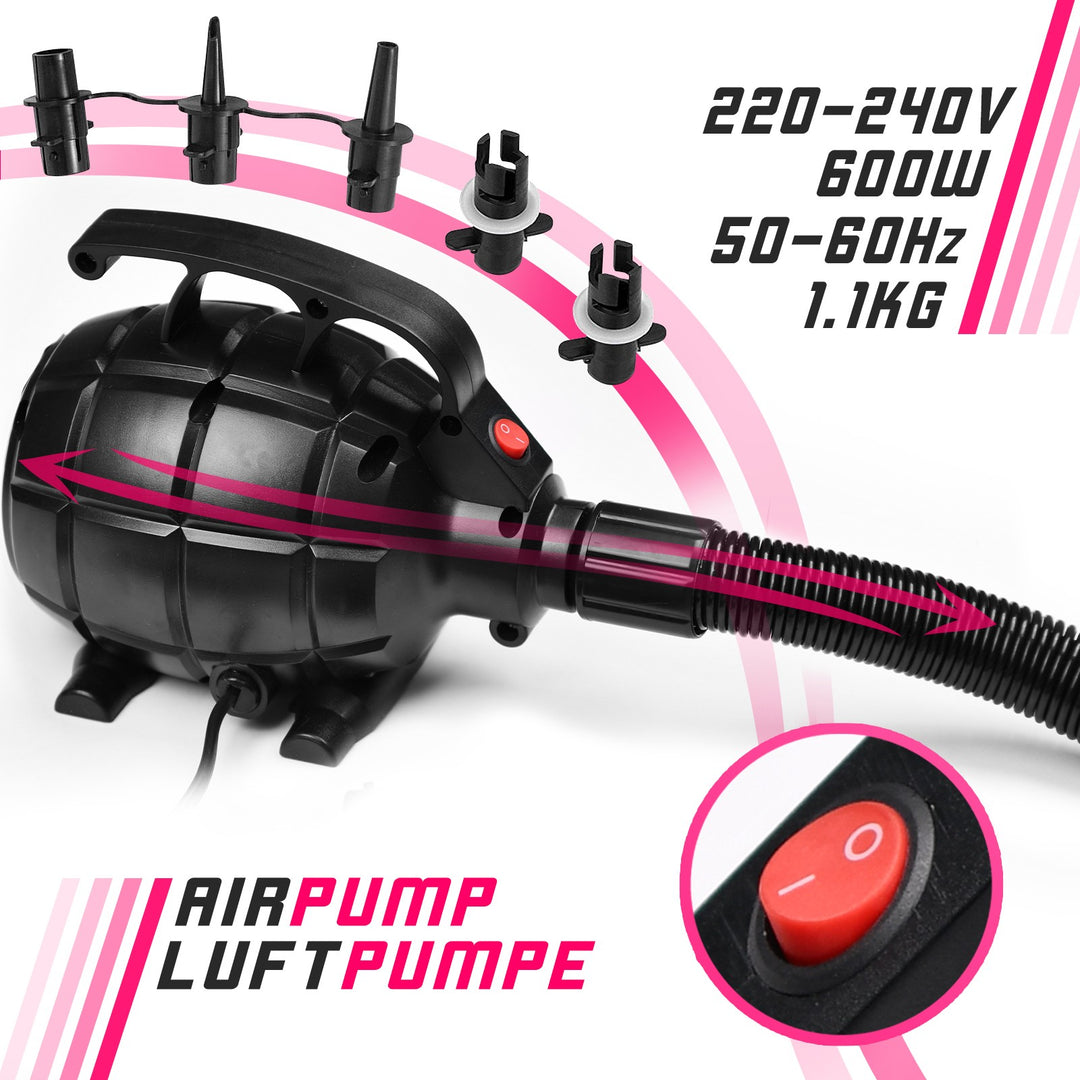 Fitnessmåtte, 3m, oppustelig, bærbar, med elektrisk luftpumpe, 10 cm høj, PVC, Pink