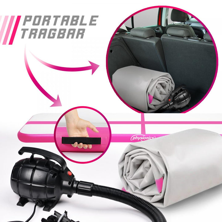 Air Track fitnessmåtte, 7m, oppustelig, bærbar, med elektrisk luftpumpe, 10 cm høj, PVC, Pink