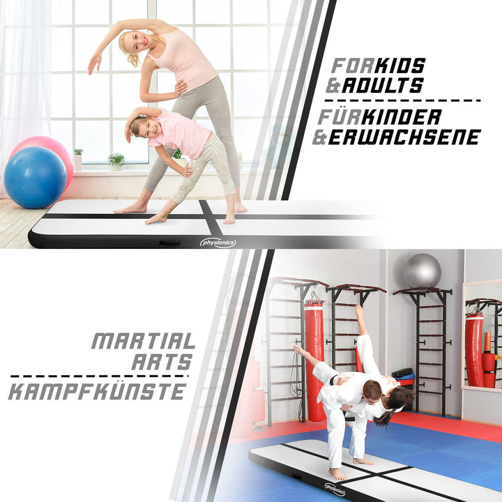 Air Track fitnessmåtte, 7m, oppustelig, bærbar, med elektrisk luftpumpe, 10 cm høj, PVC, sort