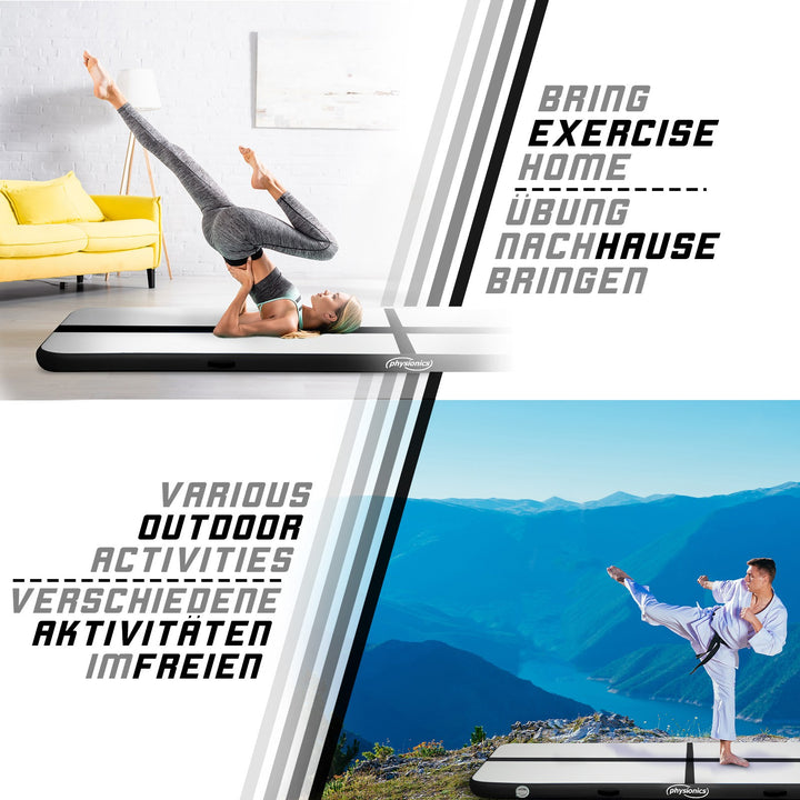 Air Track fitnessmåtte, 7m, oppustelig, bærbar, med elektrisk luftpumpe, 10 cm høj, PVC, sort