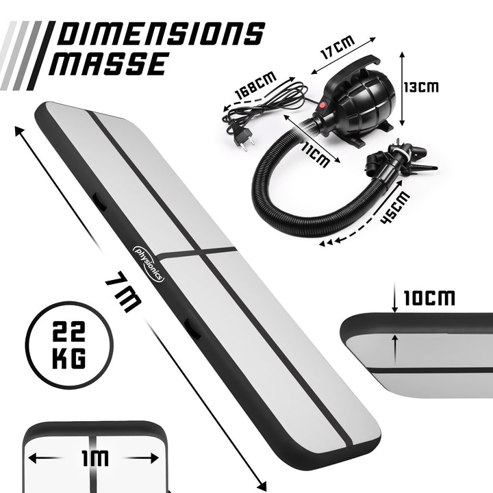 Air Track fitnessmåtte, 7m, oppustelig, bærbar, med elektrisk luftpumpe, 10 cm høj, PVC, sort