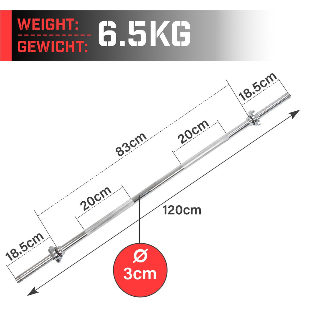 Vægtstang - 120 cm, 30 mm forkromet, 6,5 kg, stjernelåse, op til 300 kg bæreevne