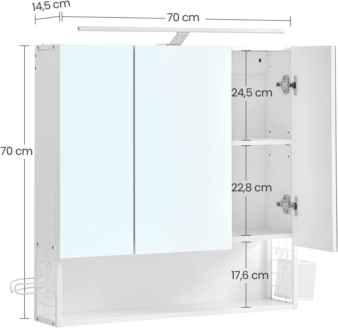 Vægskab med spejl, badeværelsesskab med LED-lampe, 15x70x70 cm, hvid