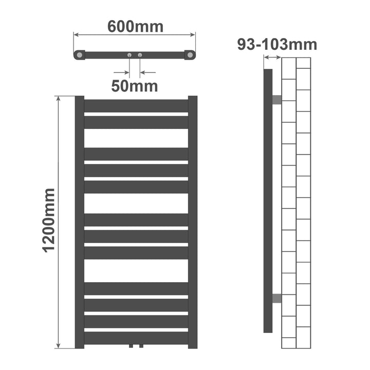 Aquamarin® håndklæderadiator - lodret, varmt vand, 50 mm tilslutning, 6 bar, centertilslutning, vægmonteret, 1200 x 600 mm, hvid