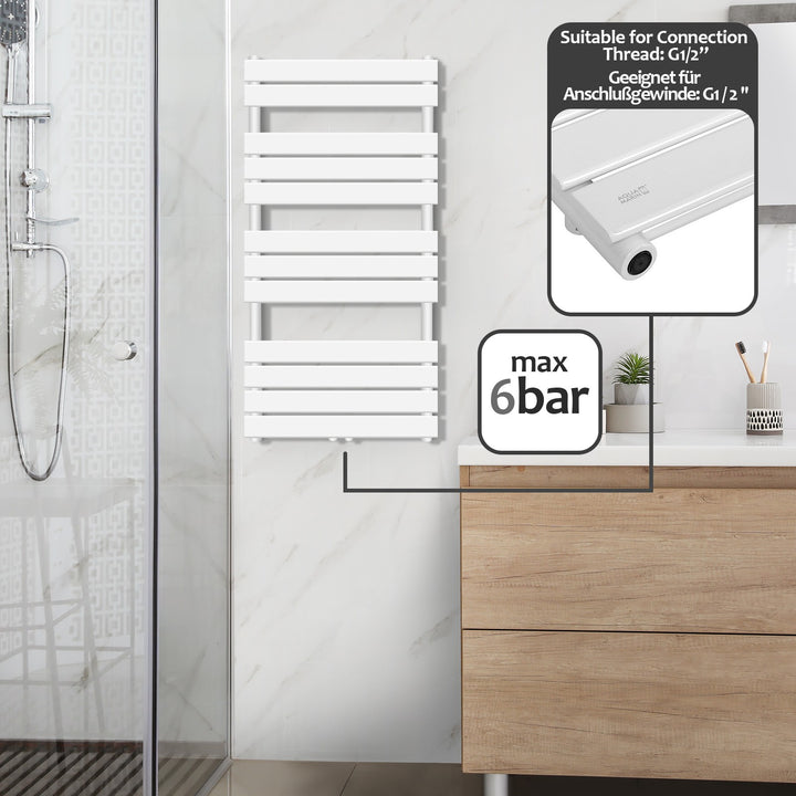 Aquamarin® håndklæderadiator - lodret, varmt vand, 50 mm tilslutning, 6 bar, centertilslutning, vægmonteret, 1200 x 600 mm, hvid