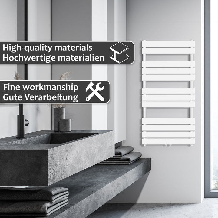 Aquamarin® håndklæderadiator - lodret, varmt vand, 50 mm tilslutning, 6 bar, centertilslutning, vægmonteret, 1200 x 600 mm, hvid