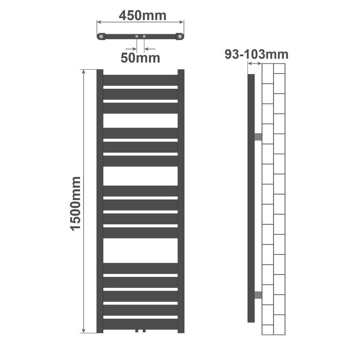 Aquamarin® håndklæderadiator - lodret, varmt vand, 50 mm tilslutning, 6 bar, centertilslutning, vægmonteret, 1500 x 450 mm, antracit