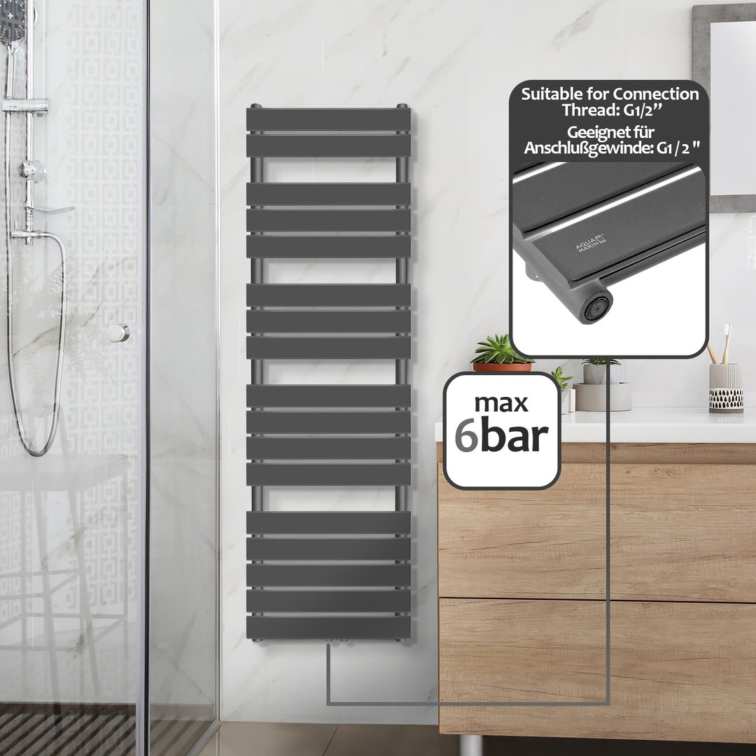 Aquamarin® håndklæderadiator - lodret, varmt vand, 50 mm tilslutning, 6 bar, centertilslutning, vægmonteret, 1600 x 500 mm, antracit