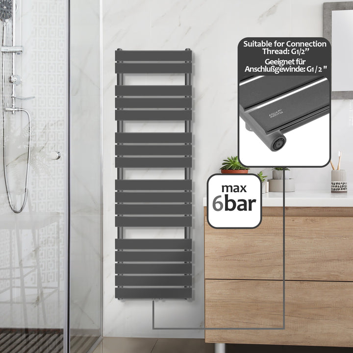 Aquamarin® håndklæderadiator - lodret, varmt vand, 50 mm tilslutning, 6 bar, centertilslutning, vægmonteret, 1600 x 500 mm, antracit