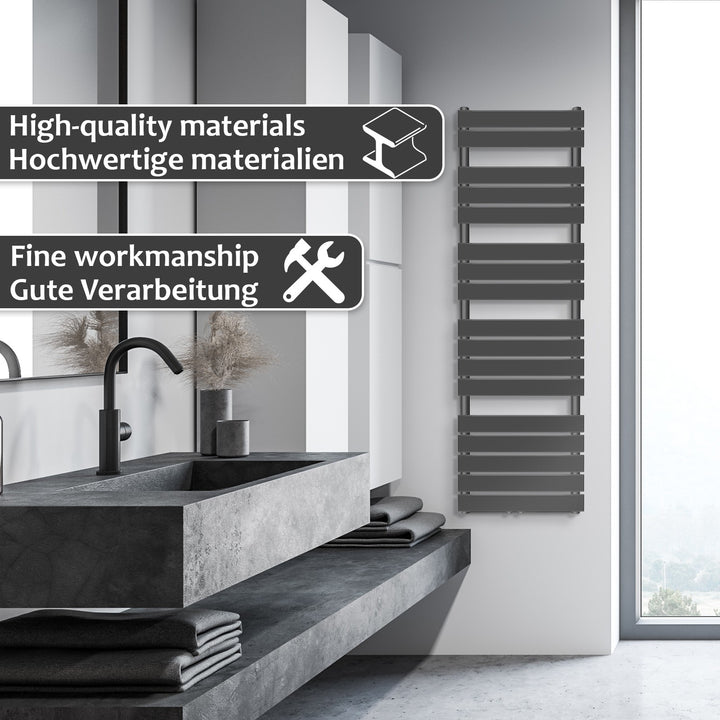 Aquamarin® håndklæderadiator - lodret, varmt vand, 50 mm tilslutning, 6 bar, centertilslutning, vægmonteret, 1600 x 500 mm, antracit