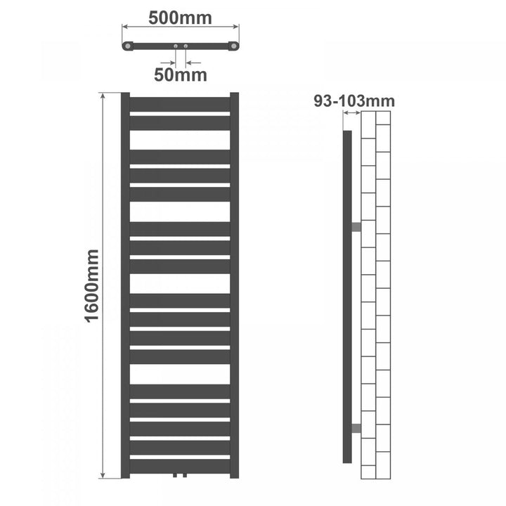 Aquamarin® håndklæderadiator - lodret, varmt vand, 50 mm tilslutning, 6 bar, centertilslutning, vægmonteret, 1600 x 500 mm, antracit