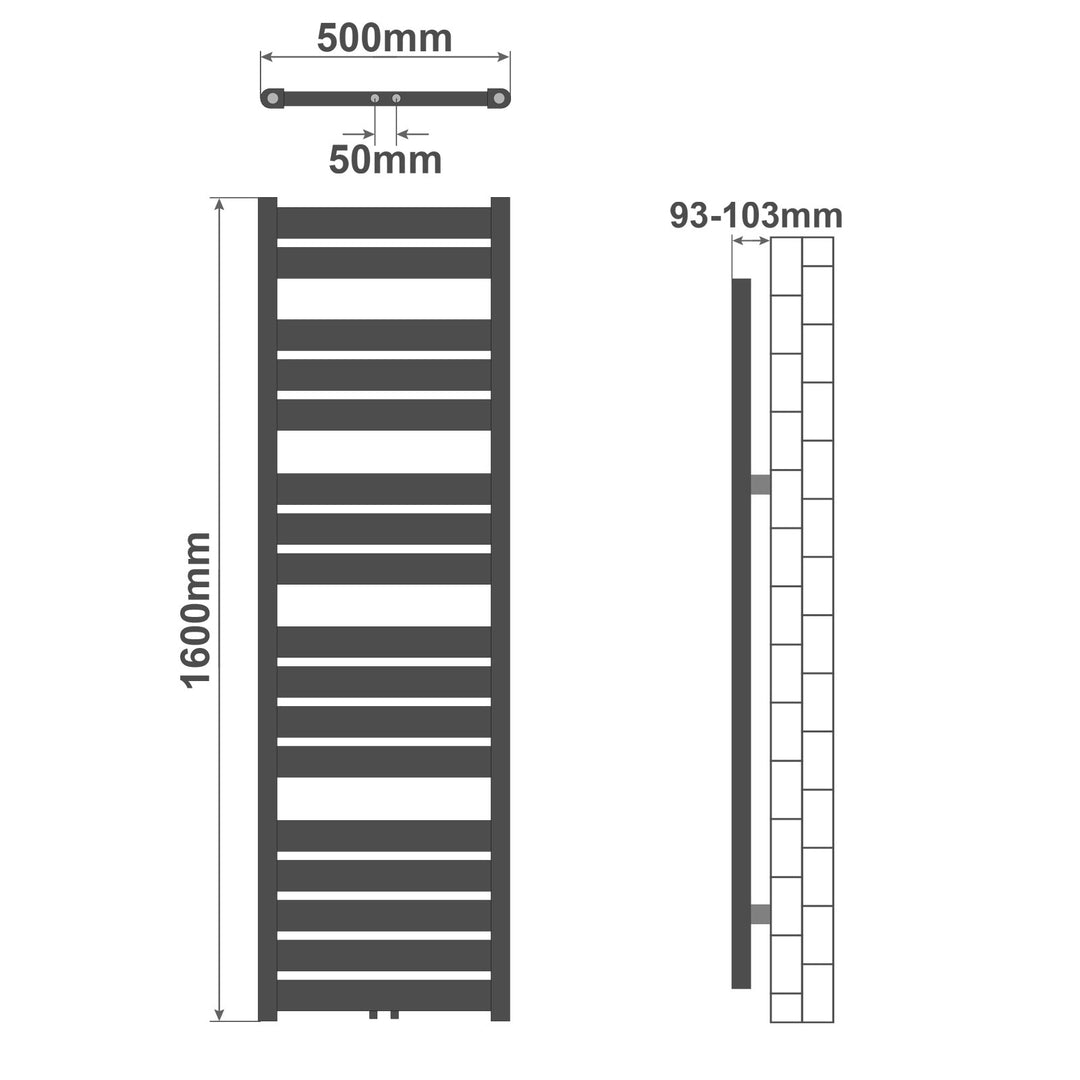 Aquamarin® håndklæderadiator - lodret, varmt vand, 50 mm tilslutning, 6 bar, centertilslutning, vægmonteret, 1600 x 500 mm, hvid