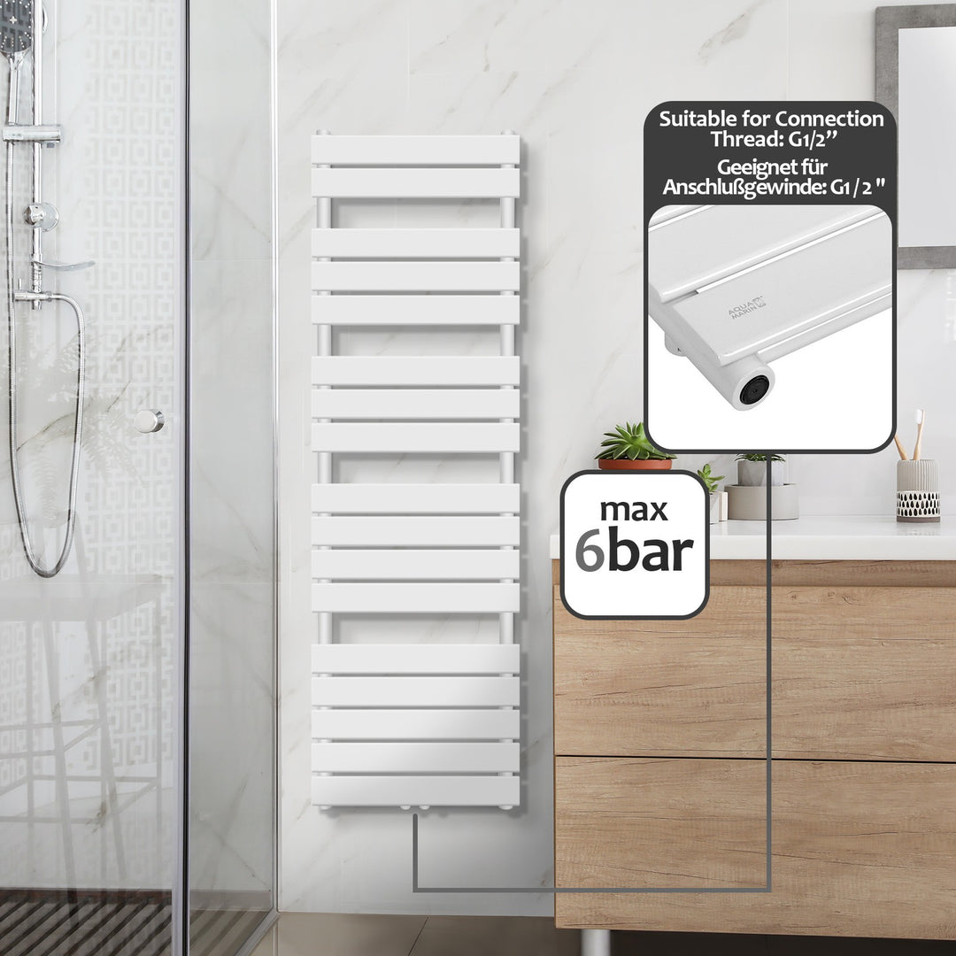 Aquamarin® håndklæderadiator - lodret, varmt vand, 50 mm tilslutning, 6 bar, centertilslutning, vægmonteret, 1600 x 500 mm, hvid