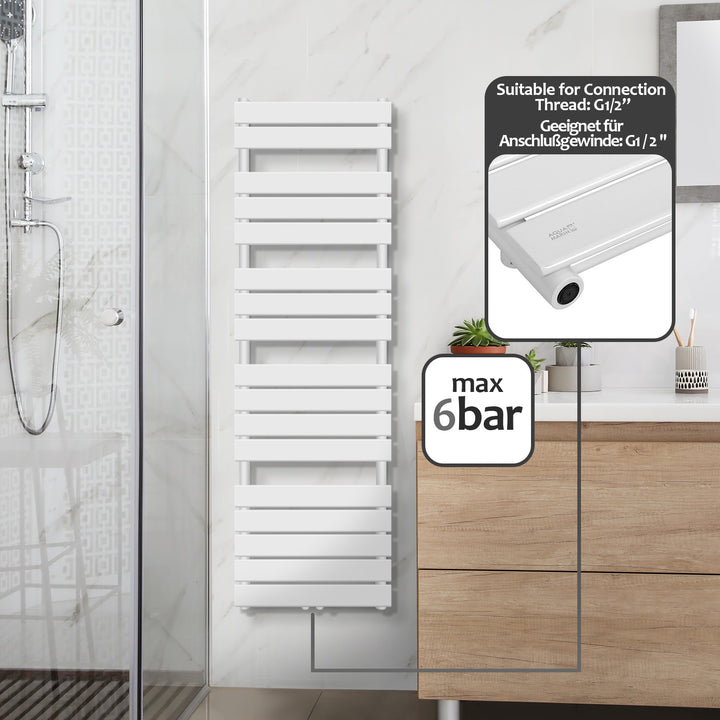 Aquamarin® håndklæderadiator - lodret, varmt vand, 50 mm tilslutning, 6 bar, centertilslutning, vægmonteret, 1600 x 500 mm, hvid