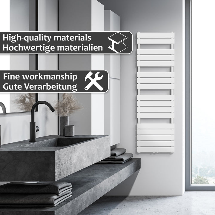 Aquamarin® håndklæderadiator - lodret, varmt vand, 50 mm tilslutning, 6 bar, centertilslutning, vægmonteret, 1600 x 500 mm, hvid