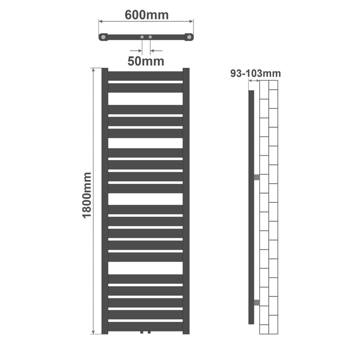Aquamarine® Håndklæderadiator - Lodret, Varmtvandsdrevet, 50 mm Tilslutning, 6 Bar, Vægmonteret, 1800 x 600 mm, Hvid