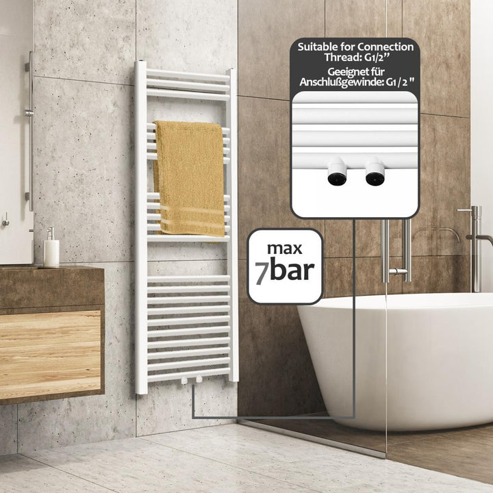 Aquamarine® håndklæderadiator - lodret, varmt vand, 7 bar