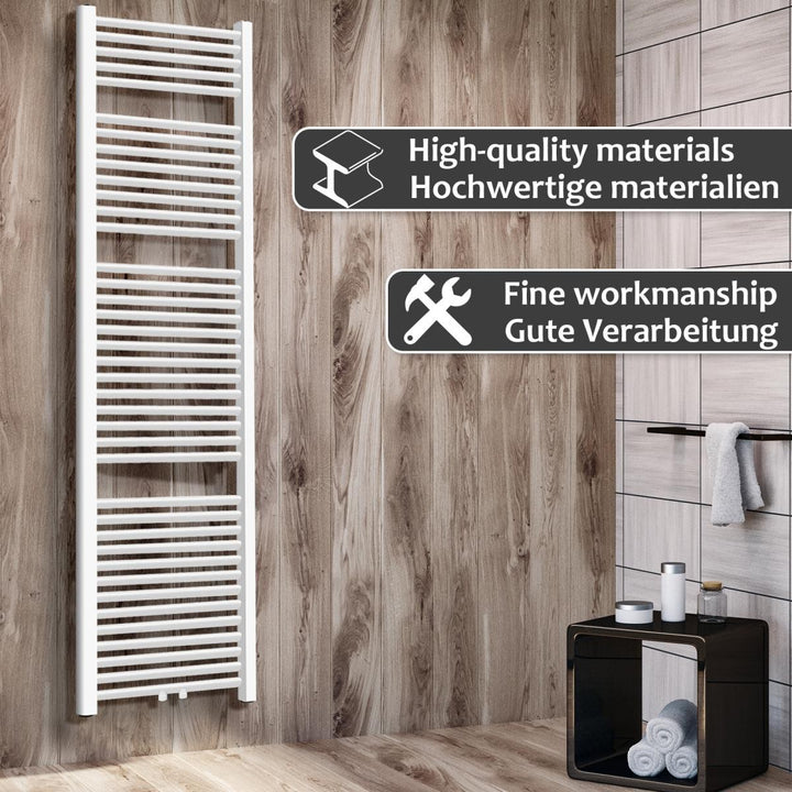 Aquamarine® håndklæderadiator - lodret, varmt vand, 7 bar, centerforbindelse, vægmonteret, 1800x600 mm, hvid