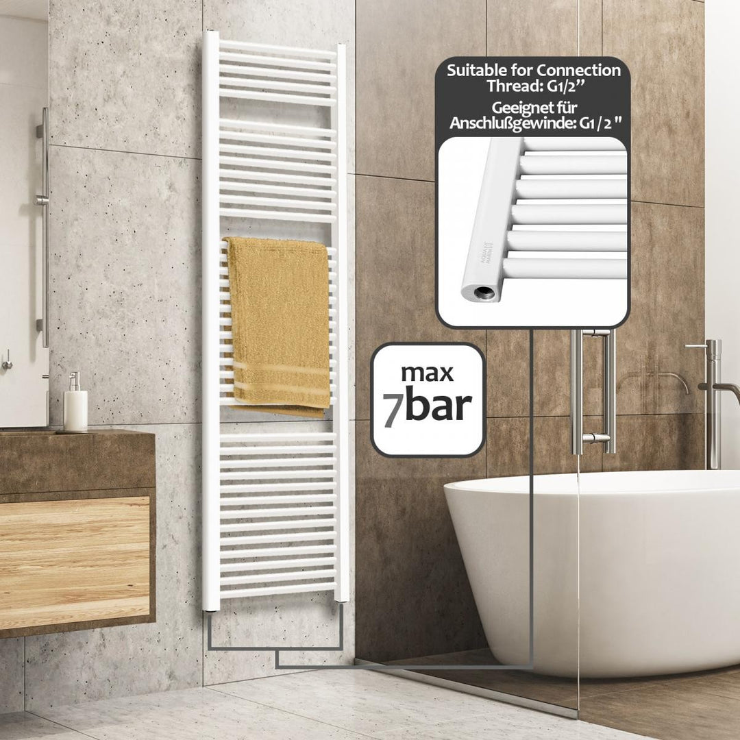 Aquamarine® badeværelsesradiator - lodret, varmt vand, 7 bar, sidetilslutning, vægmontering, 1800x600mm, hvid