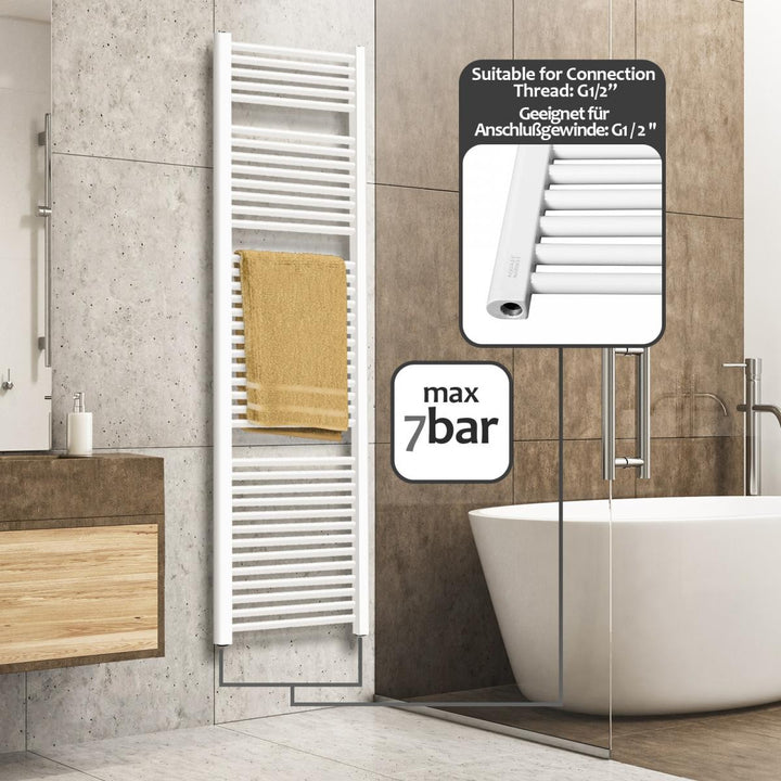 Aquamarine® badeværelsesradiator - lodret, varmt vand, 7 bar, sidetilslutning, vægmontering, 1800x600mm, hvid
