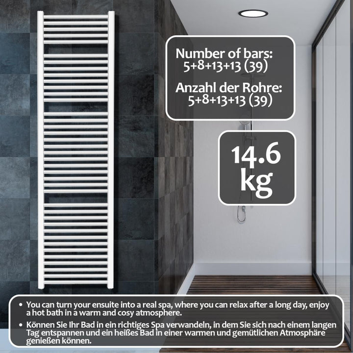 Aquamarine® håndklæderadiator - lodret, varmt vand, 7 bar, centerforbindelse, vægmonteret, 1800x600 mm, hvid