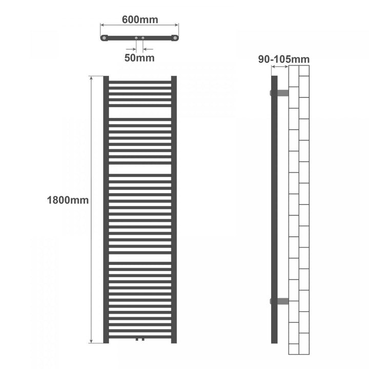 Aquamarine® håndklæderadiator - lodret, varmt vand, 7 bar, centerforbindelse, vægmonteret, 1800x600 mm, hvid