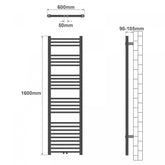 Aquamarine® håndklæderadiator - lodret, varmt vand, 7 bar, centerforbindelse, vægmonteret, 1600x600 mm, hvid - håndklædevarmer, panelradiator, håndklædevarmer, radiator, håndklædetørrer, håndklædetørrer