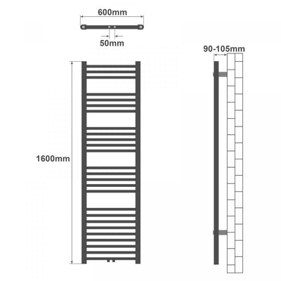 Aquamarine® håndklæderadiator - lodret, varmt vand, 7 bar, centerforbindelse, vægmonteret, 1600x600 mm, hvid - håndklædevarmer, panelradiator, håndklædevarmer, radiator, håndklædetørrer, håndklædetørrer