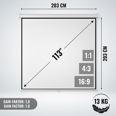 Projektorlærred - 203x203cm, 1:1, 4:3, 16:9, HD 4K 3D, 113 tommer, loftmontering/vægmontering, udtrækkelig