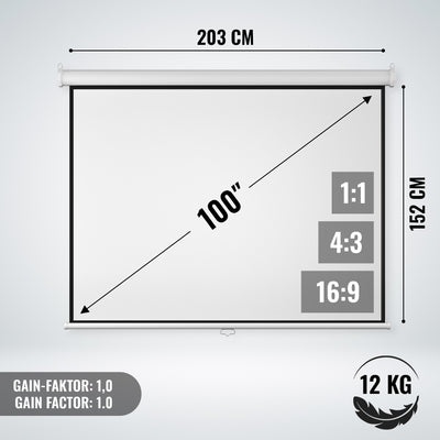 Projektorlærred - 203x152 cm, HD 4K 3D, 100 tommer, loftmontering/vægmontering