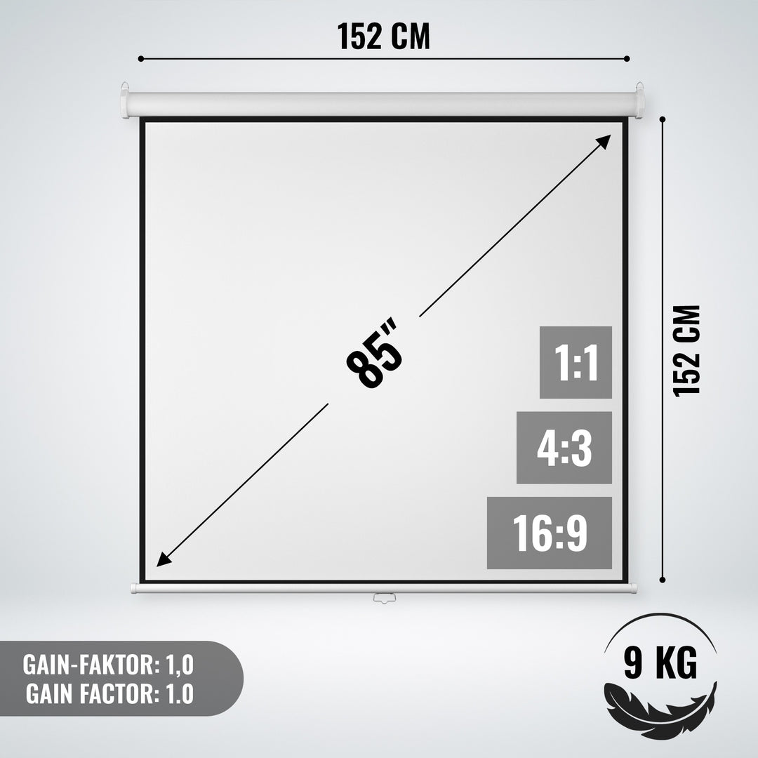 Projektorlærred - 152x152cm, 1:1, 4:3, 16:9, HD 4K 3D, 85 tommer, loftmontering/vægmontering, udtrækbar