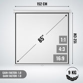 Projektorlærred - 152x152cm, 1:1, 4:3, 16:9, HD 4K 3D, 85 tommer, loftmontering/vægmontering, udtrækbar