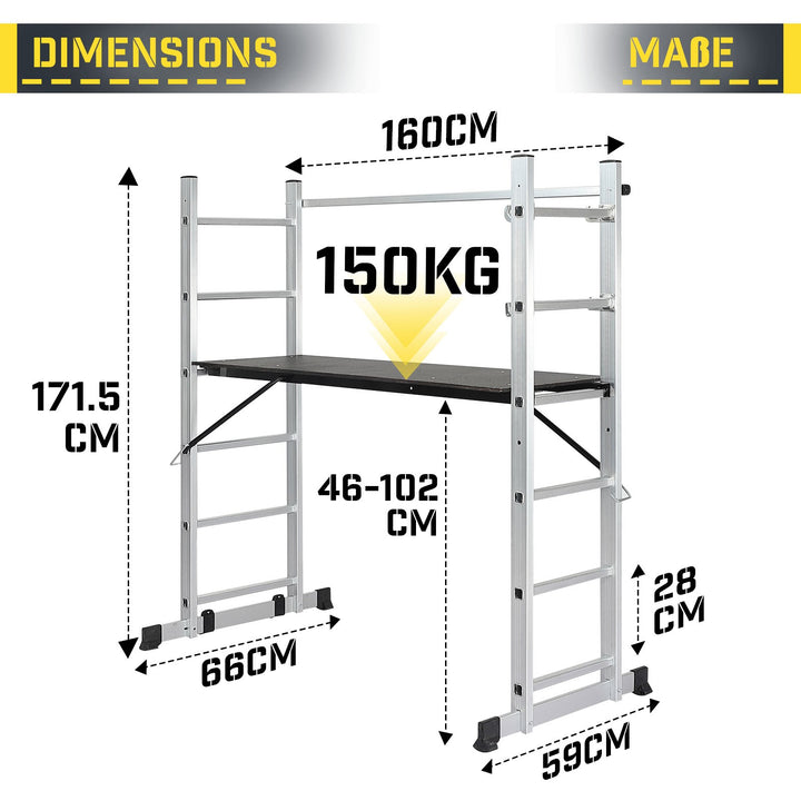 Stillads - 4 i 1, arbejdshøjde max 280 cm, op til 150 kg bæreevne, 171 x 59 x 160 cm