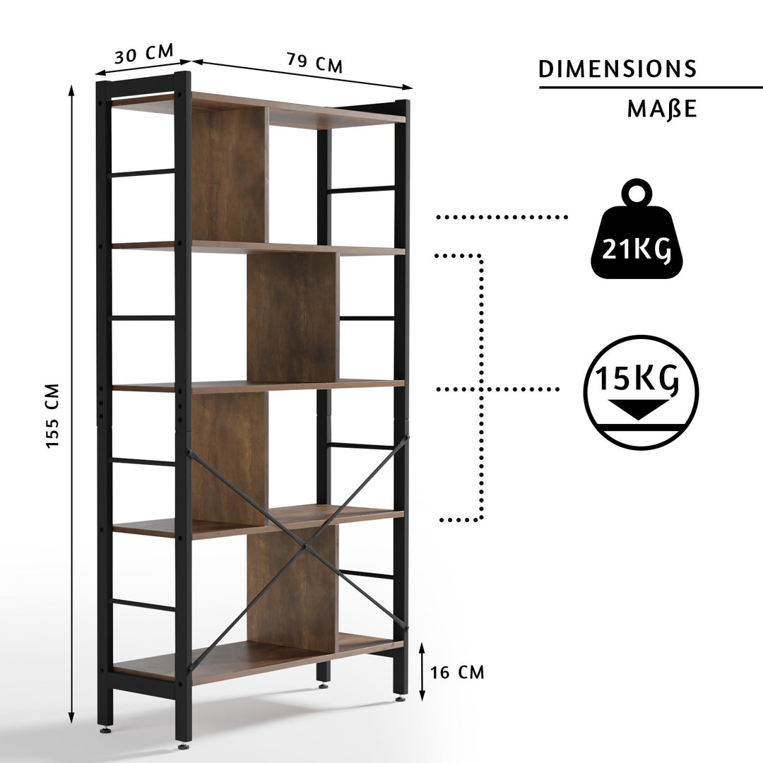 Bogreol - 79x30x155 cm, 4 Niveauer, Stålramme, MDF, Vintage Brun/Sort.