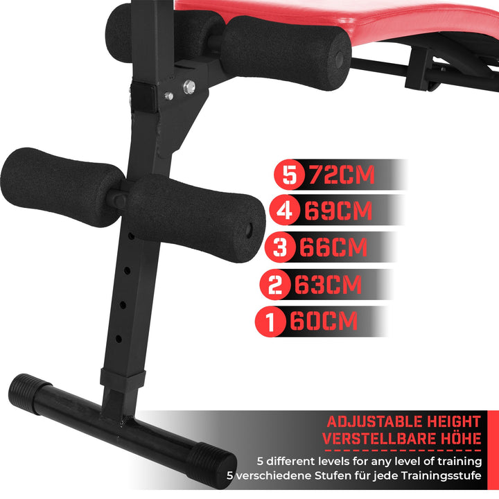Sit Up Bench med benfiksering - foldbar, 5-vejs justerbar 60-72 cm, stål, rød