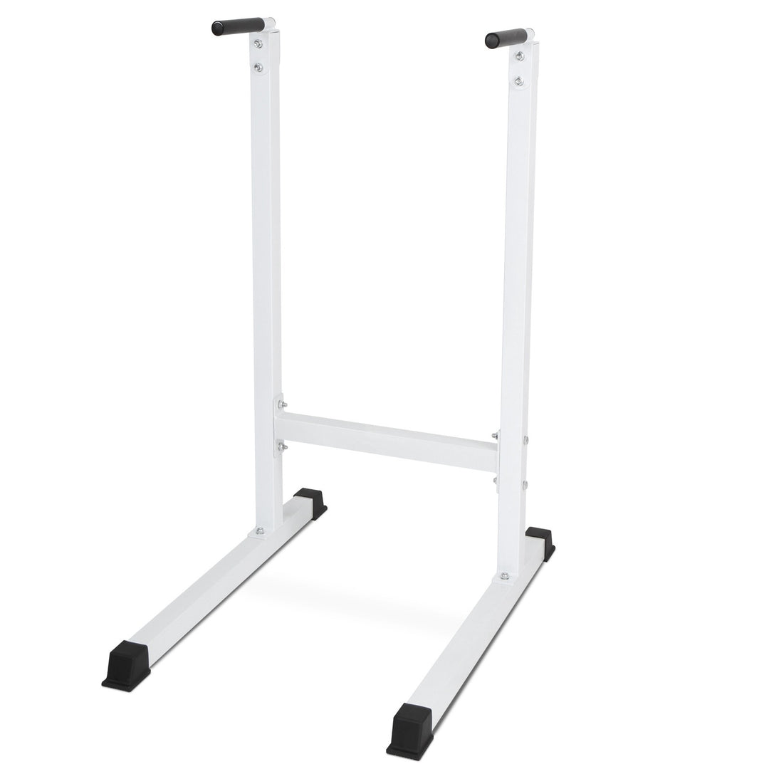 Dip Station, op til 120 kg, 103/67/123 cm, fritstående, biceps, triceps, mave- og rygtræning, polstrede håndtag, metal, hvid