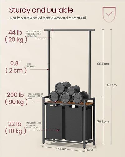 Vasketøjskurv med 2 rum, ophængshylde / tørrehylde, 73x33x177 cm, brun og sort