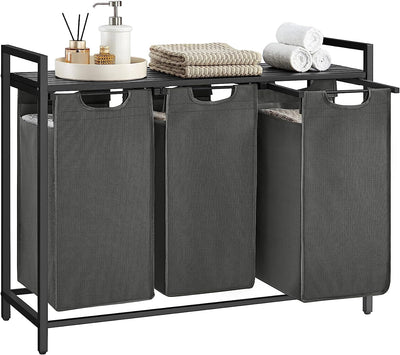 Vasketøjskurv med 3 rum, udtagelige poser, 93x33x72 cm, sort/grå