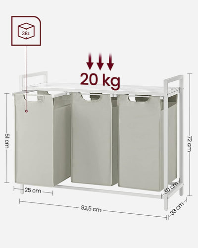Praktisk vasketøjskurv, 3 aftagelige rum, 3x38L, 92.5x33x72 cm, hvid